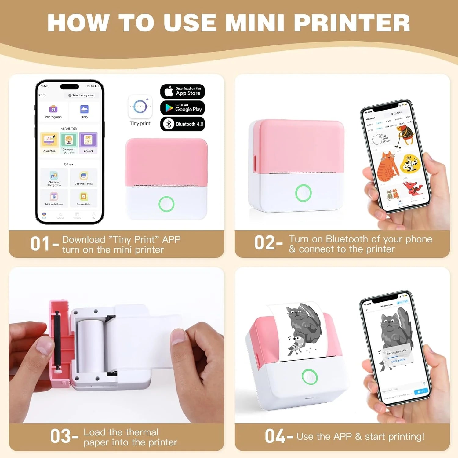 Mini Bluetooth Photo Printer with 10 Rolls Printing Paper